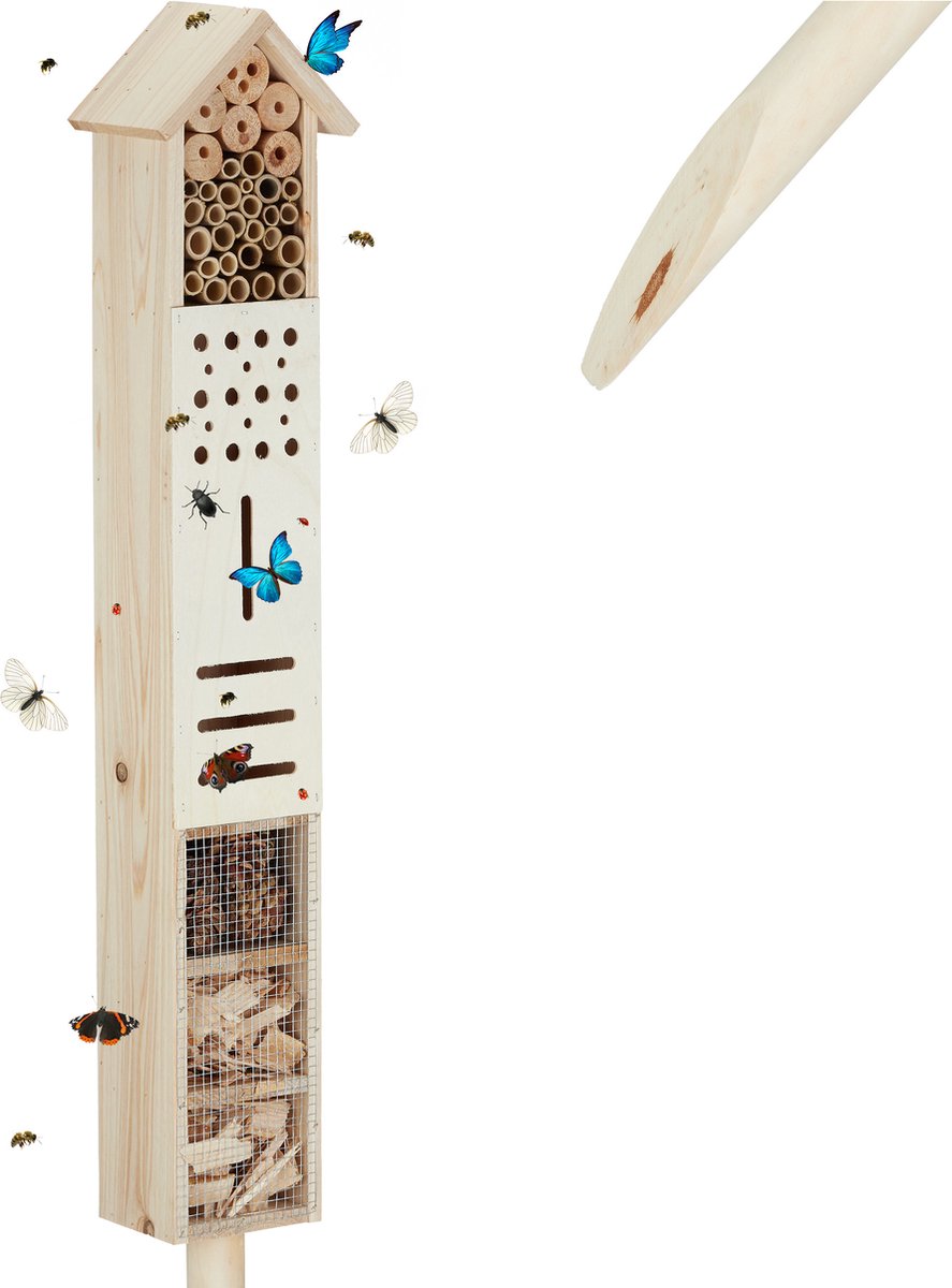 insectenhuis op paal - 148 cm hoog - hout - groot - vlinderhuis - bijenhotel