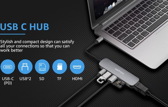 GREYTECH USB C HUB 6 in 1 - met / naar HDMI 4K, 2x USB 3.0 (thunderbolt), USB C opladen, Micro/SD card reader Hub – Docking station - Geschikt voor Apple Macbook Pro / Air, Lenovo, Samsung - Spacegrijs - GREYTECH