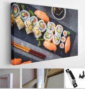 Maki ands rolls with tuna, salmon, shrimp, crab and avocado. Top view of assorted sushi. Rainbow sushi roll, uramaki, hosomaki and nigiri - Modern Art Canvas - Horizontal - 1470615