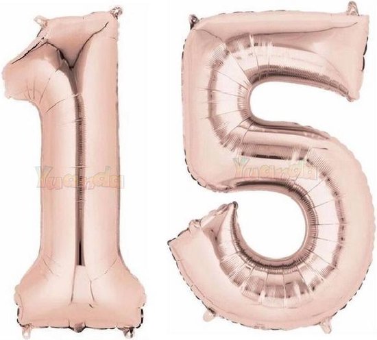 15 Jaar Folie Ballonnen Rosé Goud - Happy Birthday - Foil Balloon - Versiering - Verjaardag - Jongen / Meisje - Feest - Inclusief Opblaas Stokje & Clip - XXL - 115 cm