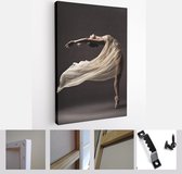 Ballerina Dancing with Silk Fabric, Modern Ballet Dancer in Fluttering Waving Cloth, Pointe Shoes, Gray Background - Modern Art Canvas - Vertical - 1816471253 - 115*75 Vertical