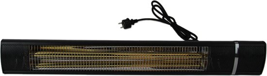 Zwarte Stenda terrasverwarmer met zilveren rooster en snoer.