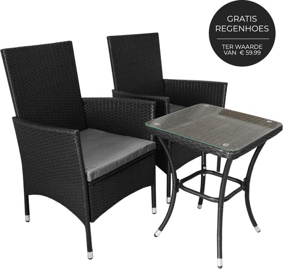 Bistroset Rotan - Jardí - balkonset zwart - 3-delig - inclusief regenhoes + kussens