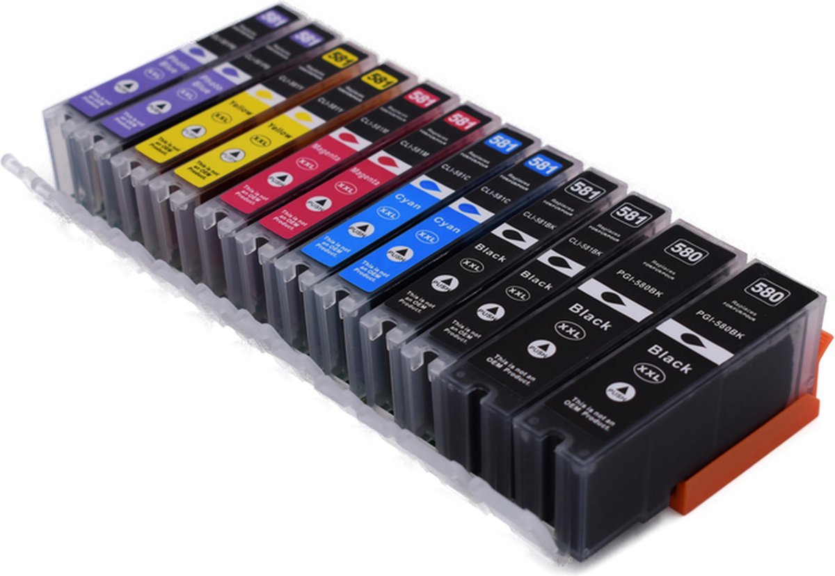 KATRIZ® Huismerk Inkt PGI-580XXL + CLI-581XXL (Zwart, Cyaan, Magenta, Geel, Foto Zwart, Foto Blauw) – Set van 12 – Geschikt voor Canon PIXMA TS8250 / TS8150 / TS9150 – Extra Hoge Capaciteit – Compatible Alternatief
