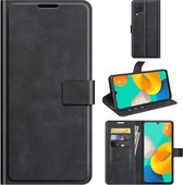 Retro Kalf Patroon Gesp Kaart Portemonnee Links en Rechts Flip Telefoon Holster met Beugel Functie Voor Samsung Galaxy M32 (Zwart)