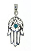 SilverGems Handje van Fatima, Hamsa handje zilveren hanger met Turkoois edelsteen.