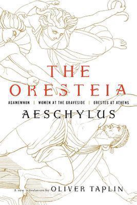 Boek 'The Oresteia' van Aeschylus, met een illustratie van Griekse figuren.