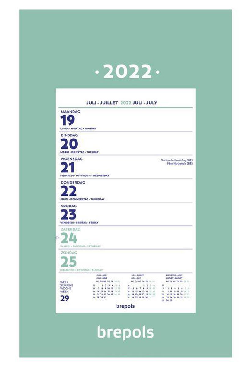Brepols Scheurkalender op Schild - Groen - 2022 - Week Overzicht - 4 Talig - Kalender - Weekblokkalender - Brepols