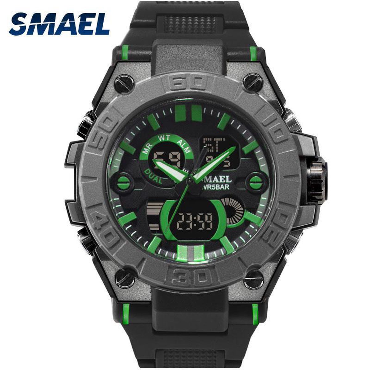 Heren Horloge Zwart met Groene details | SMAEL 8883 | Waterdicht |Analoog | Digitaal | Mud Master | Mudmaster | Shock | Leger | Grof | Licht | Rubberen band | Timer | Eyecatcher | Master| kado| Cadeau