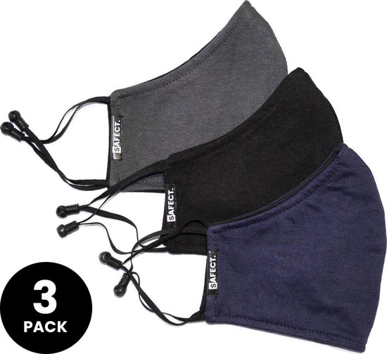 Wasbare mondkapjes - 3-pack (navy, grijs en zwart) - Herbruikbaar en verstelbaar mondkapje