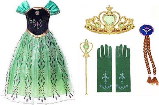 Prinsessenjurk meisje - groene verkleedjurk - Het Betere Merk - Prinsessen speelgoed - maat 92/98 (100)- Verkleedkleren Meisje- Tiara - Kroon - Vlechtjes - Verjaardag meisje - Carnavalskleren meisje - Kleed