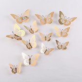Cake topper decoratie vlinders of muur decoratie met plakkers 12 stuks goud - 3D vlinders - VL-01