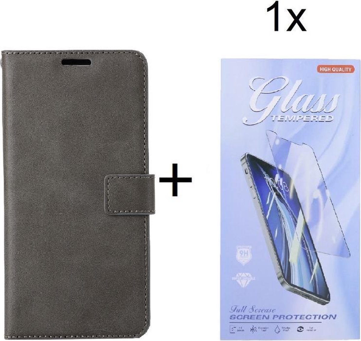 Bookcase Geschikt voor: Oppo Reno5 - Grijs - portemonnee hoesje met 1 stuk Glas Screen protector
