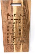 Grote acacia borrelplank / snijplank met tekst gravure : LIEVE JUF. Cadeau-bedankje juf. Het formaat is 25x50cm