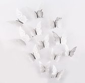 Cake topper decoratie vlinders of muur decoratie met plakkers 12 stuks zilver - 3D vlinders - VL-02