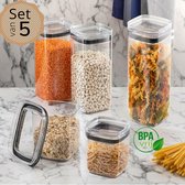 Soft Chef | Voorraadpoten set van 5 | 2.1 l (1 Stuk) | 1.4 l (2 Stuks) | 0.7 l (2 Stuks) | Vierkant | Grijse luchtdichte Deksel | Transparant | Bewaarpotten | Stapelbaar | Voedsel Bewaren | V