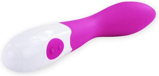 Vibrateur violet avec une pointe incurvée et une poignée blanche comportant deux boutons roses.