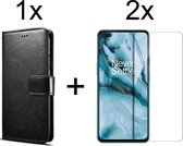 OnePlus Nord N100 hoesje bookcase met pasjeshouder zwart wallet portemonnee book case cover - 2x OnePlus Nord N100 screenprotector