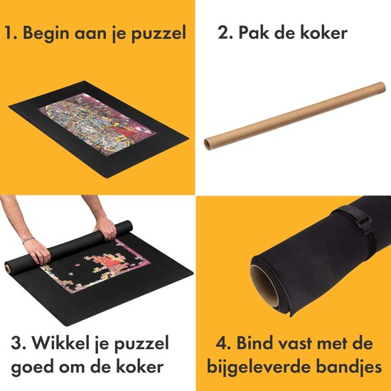 Stappenplan voor het gebruik van de puzzelmat: 1. Begin aan je puzzel, 2. Pak de koker, 3. Wikkel je puzzel goed om de koker, 4. Bind vast met de bijgeleverde bandjes.