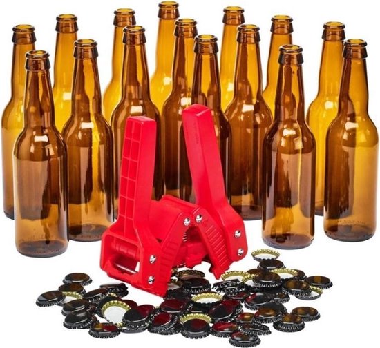 Brew Monkey Bottelset met 15 flessen, kroonkurkapparaat en 30 kroonkurken - Zelf bier bottelen - Bierflesjes - Flessenset - Bierbrouwpakket Tool - Valentijn Cadeautje Voor Hem