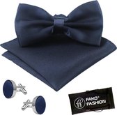 Fako Fashion® - Vlinderstrik, Pochette & Manchetknopen - Vlinderdas - Strikje - Pochet - Satijn - Navy Blauw