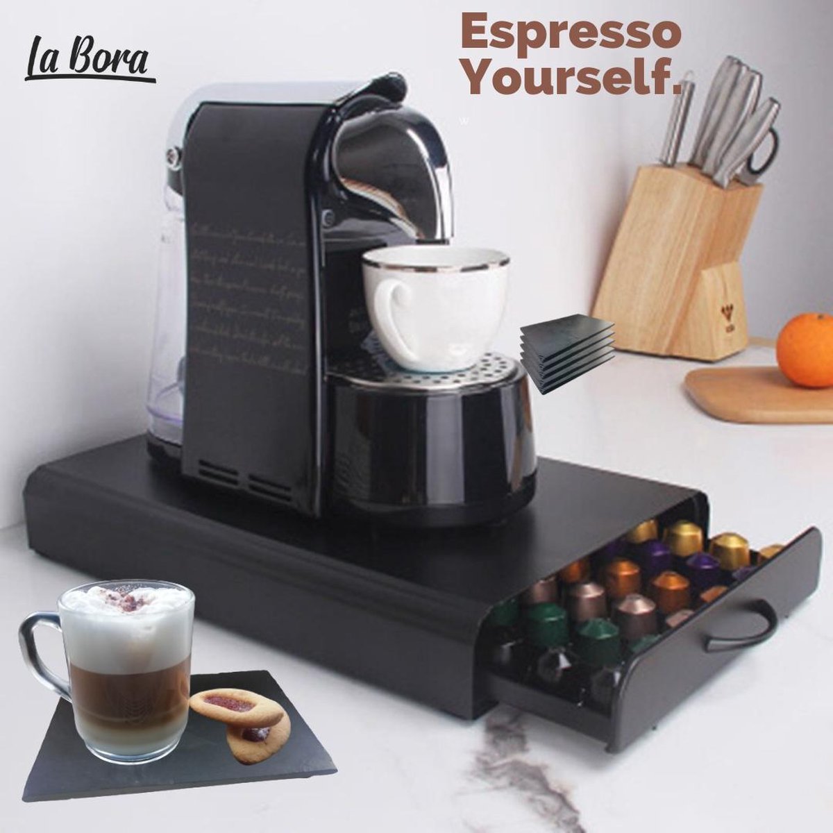 50 Pod Holder Élégant Black Capsule Organisateur Tiroir Machine à café  Support Pieds antidérapants - Compatible avec Nespresso(,)(,)