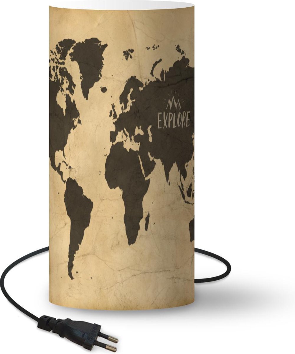 Lamp - Nachtlampje - Tafellamp slaapkamer - Wereldkaart - Explore - Vintage - 33 cm hoog - Ø15.9 cm - Inclusief LED lamp