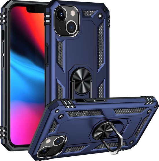 HB Hoesje Geschikt voor Apple iPhone 13 - Blauw - Anti-Shock Hybrid Armor Back Cover - Hoes met Kickstand Ring