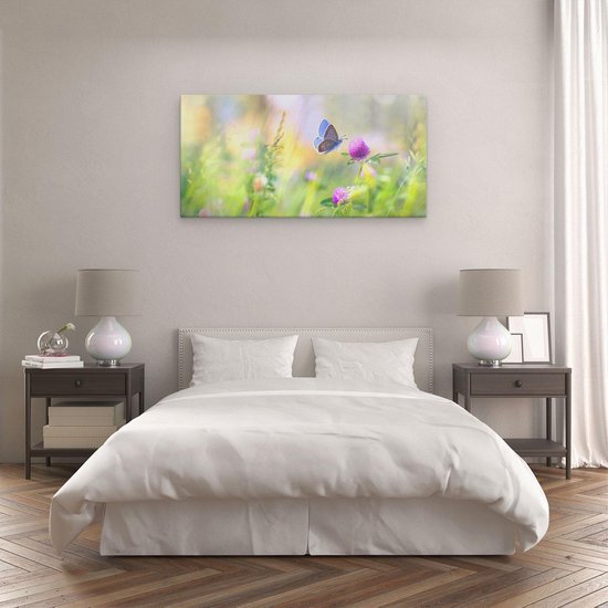 Artaza - Peinture sur toile - Papillon bleu avec une Bloem pourpre - 120 x 60 - Groot - Photo sur toile - Impression sur toile