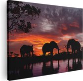 Artaza Canvas Schilderij Olifanten Tijdens Zonsondergang - Silhouet - 80x60 - Foto Op Canvas - Canvas Print