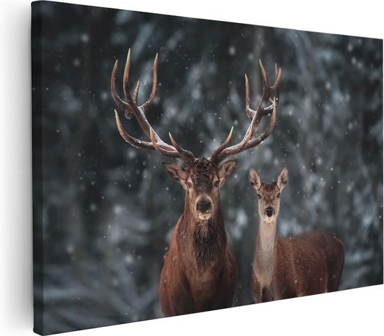 Artaza Canvas Schilderij Twee Herten Met Sneeuw - 30x20 - Klein - Foto Op Canvas - Canvas Print