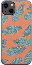 Apple iPhone 13 Telefoonhoesje - Transparant Siliconenhoesje - Flexibel - Met Plantenprint - Tropische Blaadjes - Oranje