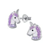 Joy|S - Zilveren eenhoorn oorbellen - unicorn oorknoppen paars kristal