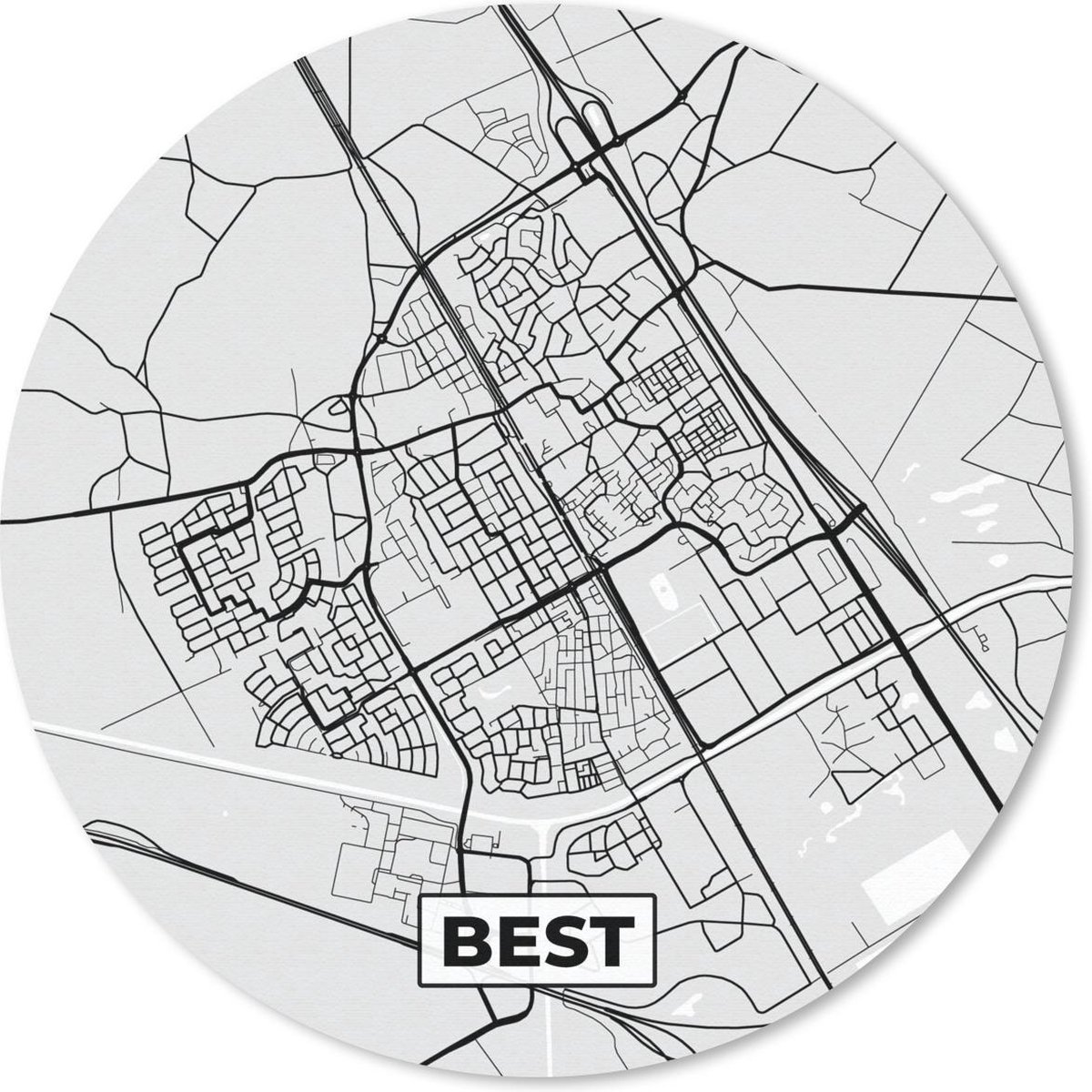 Muismat rond 50x50 cm - Mousepad Stadskaart - Best - Grijs - Wit - Ronde muismatten
