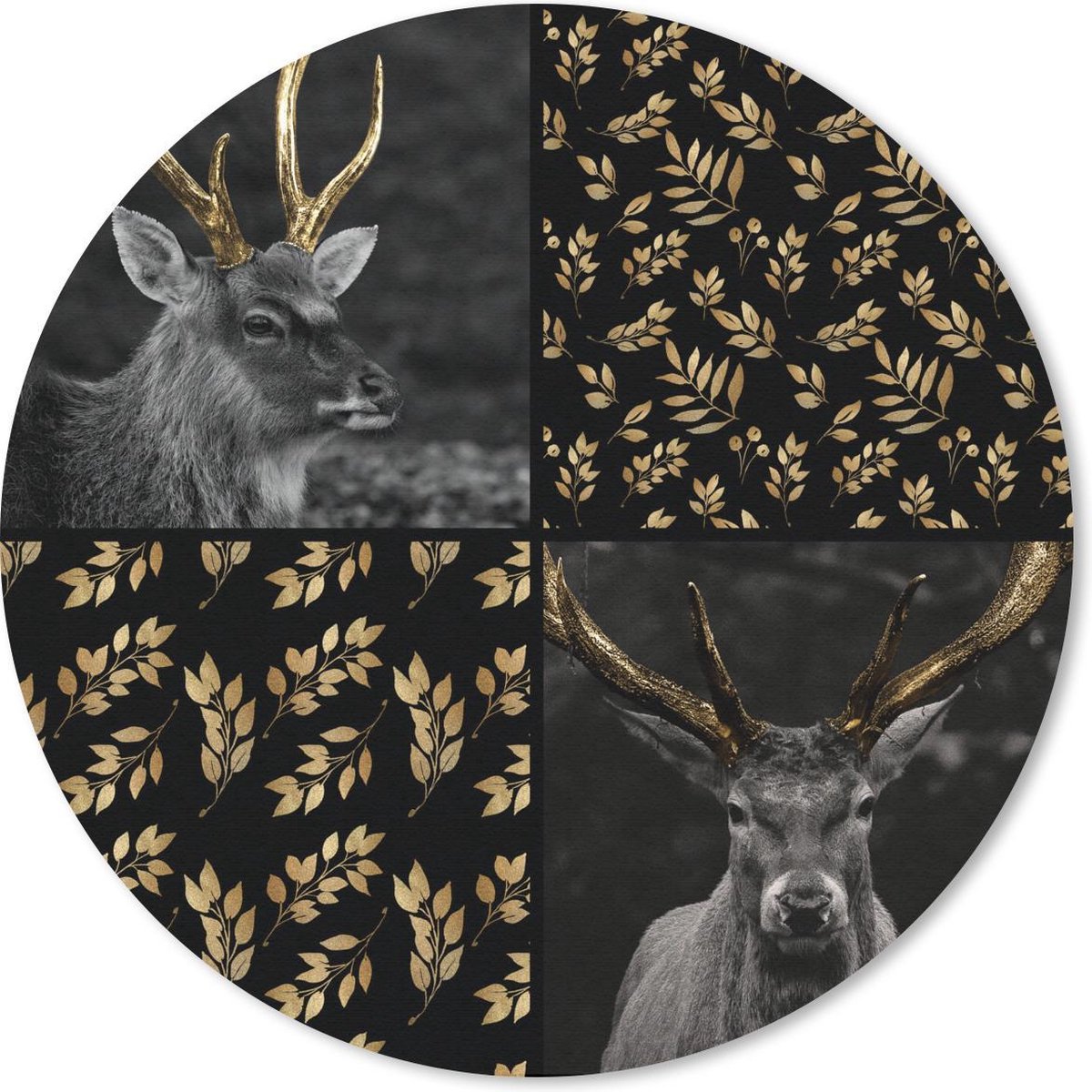 Muismat rond 50x50 cm - Mousepad Collage - Dieren - Bladeren - Goud - Ronde muismatten