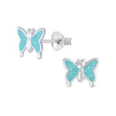 Joy|S - Zilveren vlinder oorbellen - glitter blauw