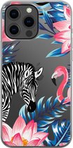Apple iPhone 13 Pro Max Telefoonhoesje - Transparant Siliconenhoesje - Flexibel - Met Dierenprint - Zebra & Flamingo