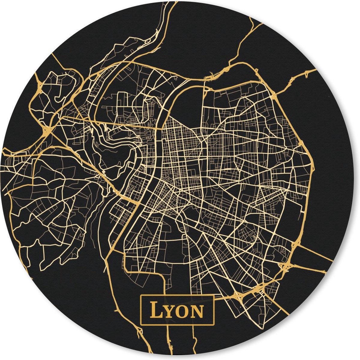Muismat rond 40x40 cm - Mousepad Kaart - Lyon - Goud - Zwart - Ronde muismatten
