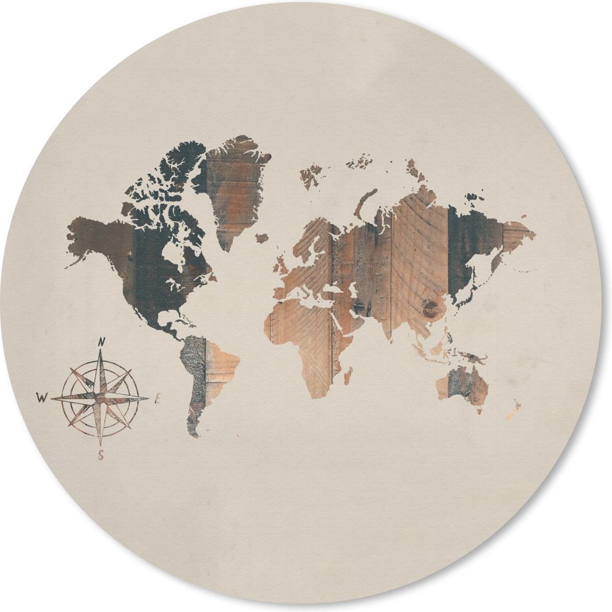 Muismat rond 40x40 cm - Mousepad Wereldkaart - Hout - Kompas - Ronde muismatten