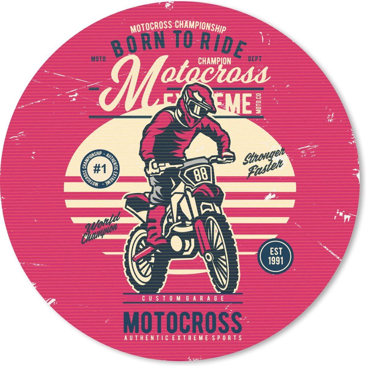 Muismat rond 50x50 cm - Mousepad Motorcross - Man - Tekening - Retro - Ronde muismatten