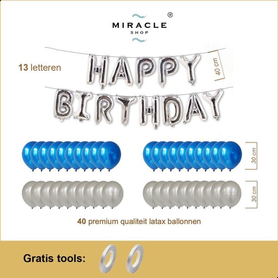Verjaardag Ballonnen Mini Pakket 53 delig, Blauw-Zilver, Premium Kwaliteit, Folie, Latex, Happy Birthday, Feest, Party, Set, Decoratie, Versiering, Miracle Shop