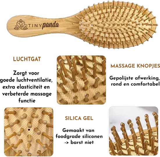 Close-up van een bamboe haarborstel met houten pinnen, luchtopening en silica gel.