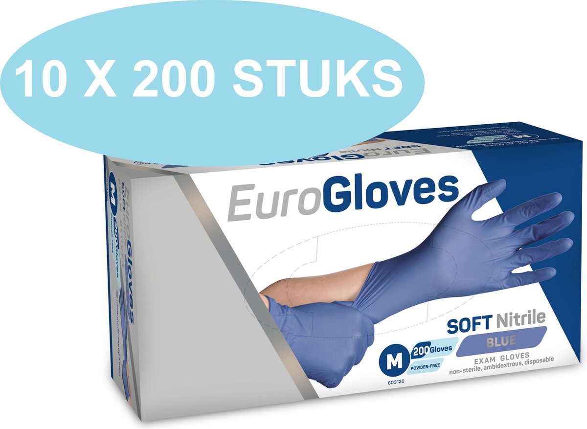 Goedkoopste Eurogloves soft-nitrile handschoenen blauw, poedervrij, 10 x 200 stuks, maat XS (VOORDEELVERPAKKING