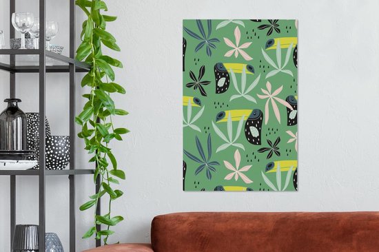 Tableau sur toile Toucan - Feuilles - Vert - 40x60 cm - Décoration murale