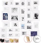 bomoe Emotion Set van 30 Fotolijsten Houten Frames - kunststof glas - 10x 10,5x15cm / 15x 13x18cm / 5x 20x30cm - Metalen Ophanging - Standaard & Passepartout - Wit