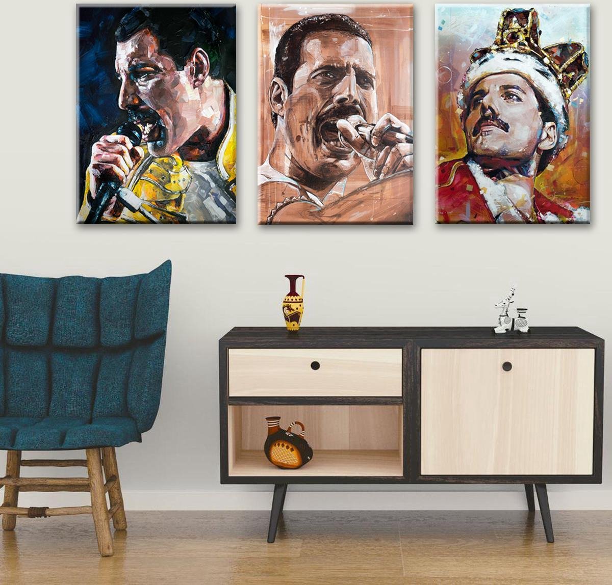 Passionforart.eu Freddie Mercury - 3 Canvasdoeken - 50 x 70 cm Full colour