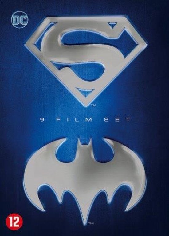 Logo's van Superman en Batman boven de tekst '9 FILM SET'.