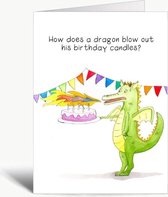 How does a dragon blow out his birthday candles? - Verjaardagskaart met envelop - Grappig - Engels