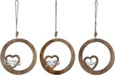 3 houten hangers met tekst home, love en relax - decoratie geschenk - doorsnee 22 cm