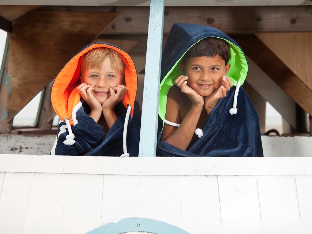 Hoody strandlaken navy/oranje - 100x200 cm. - met capuchon - 100% katoen